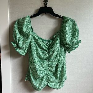 Green Floral Puff Sleeve Top